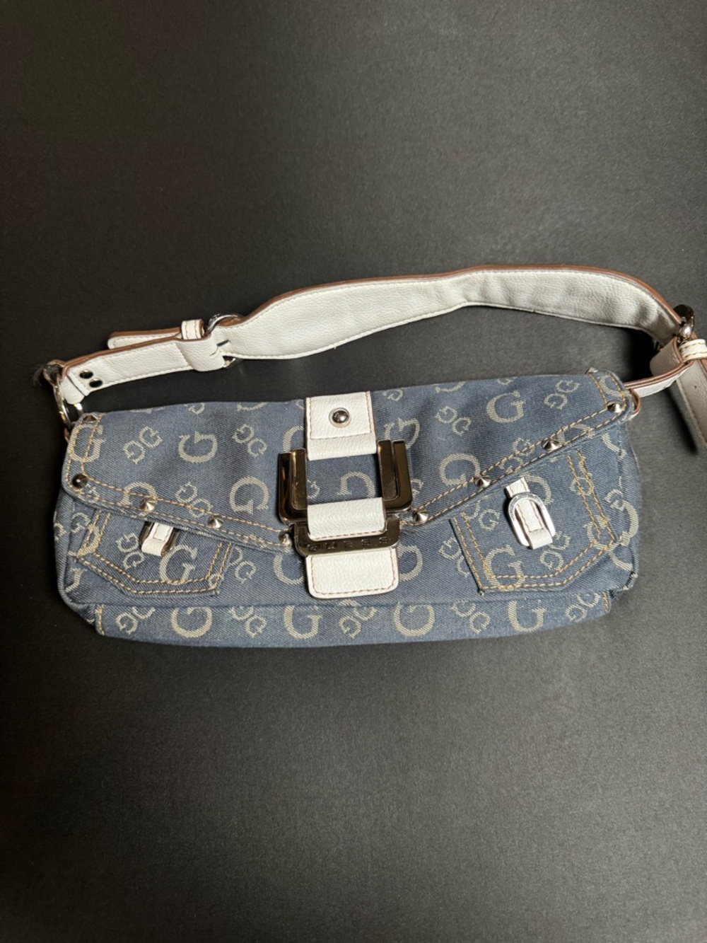 Vintage Y2K Guess Denim Monogram Baguette Bag Blue Logo - Picture 11 of 11